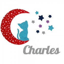 Appliqué thermocollant lune rouge chat et étoiles
