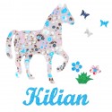 Appliqué thermocollant personnalisé cheval gris bleu papillons et fleurs