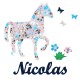 Appliqué thermocollant personnalisé cheval gris bleu papillons et fleurs