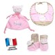 Ensemble cadeau rose - doudou, bavoir et chaussons