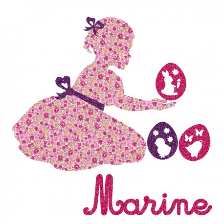 Appliqué thermocollant personnalisé fille tissu liberty rose avec œufs de pâques