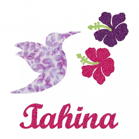 Appliqué thermocollant colibri et hibiscus mauve