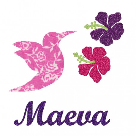 Appliqué thermocollant colibri et hibiscus rose