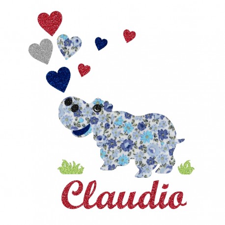 Appliqué thermocollant personnalisé hippopotame liberty et cœurs garçon