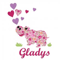 Appliqué thermocollant personnalisé hippopotame liberty et cœurs fille