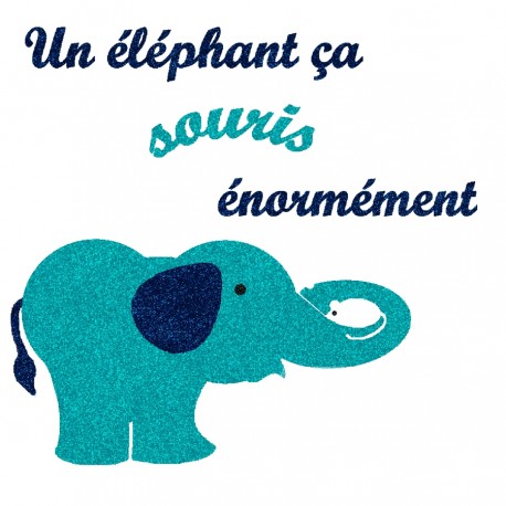 Appliqué thermocollant éléphant qui souris en flex pailleté bleu