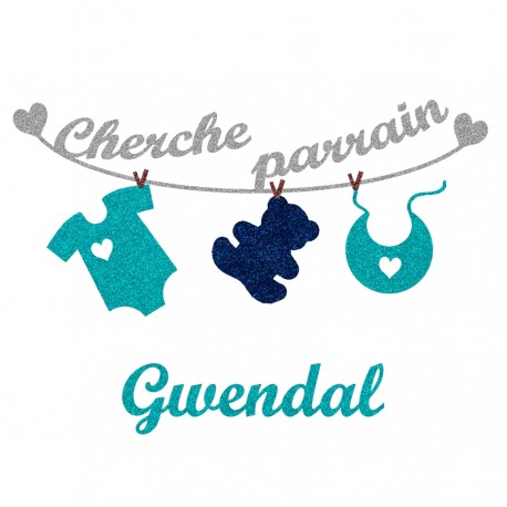 Appliqué thermocollant personnalisé bébé cherche parrain bleu en flex pailleté