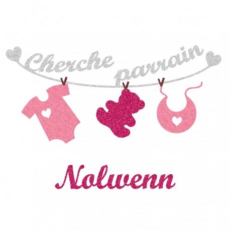 Appliqué thermocollant personnalisé bébé cherche parrain rose en flex pailleté