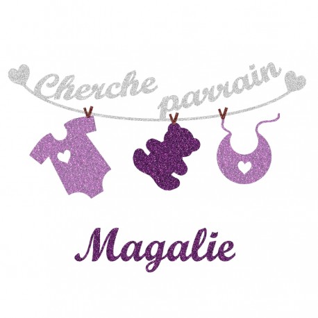 Appliqué thermocollant personnalisé bébé cherche parrain mauve en flex pailleté