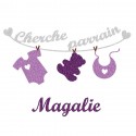 Appliqué thermocollant personnalisé bébé cherche parrain mauve en flex pailleté