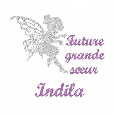 Appliqué thermocollant personnalisé future grande soeur flex pailleté argent et parme