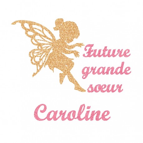Appliqué thermocollant personnalisé future grande soeur flex pailleté doré et rose