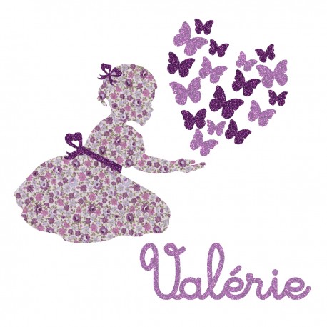 Appliqué thermocollant personnalisé fillette et papillons tissu liberty et flex pailleté