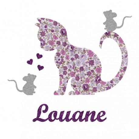 Appliqué thermocollant personnalisé chat et souris liberty mauve et flex pailleté