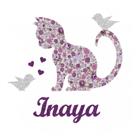 Appliqué thermocollant personnalisé chat et oiseau liberty mauve et flex pailleté