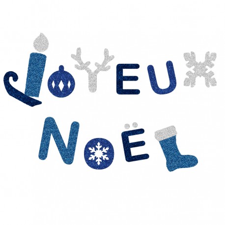 Appliqué thermocollant joyeux Noël bleu en flex pailleté