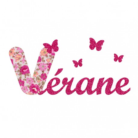 Appliqué thermocollant prénom écriture en liberty rose et flex pailleté