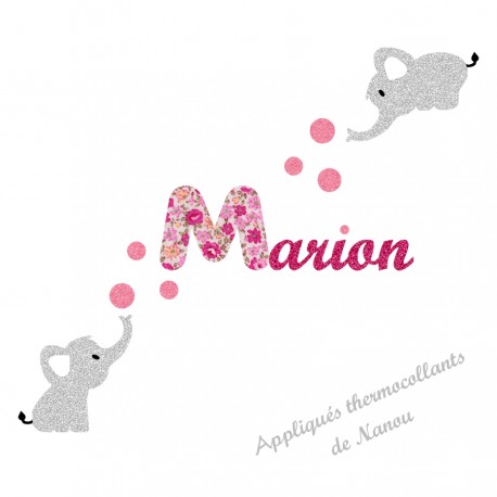 Appliqué thermocollant personnalisé éléphants en flex pailleté et tissu liberty rose
