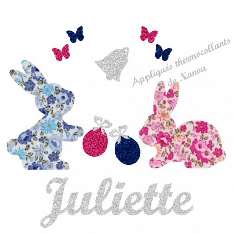 Appliqué thermocollant personnalisé lapins bleu rose œufs de Pâques