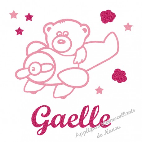 Appliqué thermocollant personnalisé fille avion et ours en flex pailleté