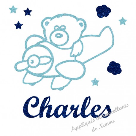 Appliqué thermocollant personnalisé garçon avion et ours en flex pailleté