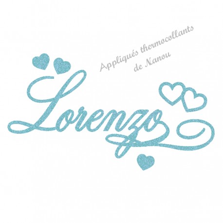 Appliqué thermocollant joli prénom et coeurs en flex pailleté turquoise