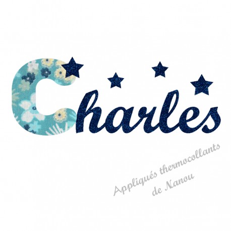 Appliqué thermocollant prénom marine en tissu liberty et flex pailleté