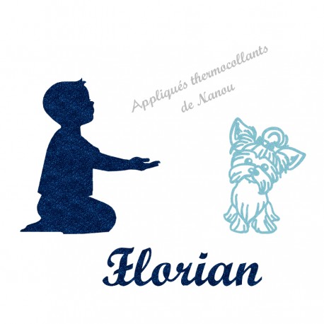 Appliqué thermocollant personnalisé enfant chien Yorkshire en flex pailleté