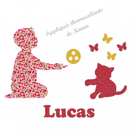 Appliqué thermocollant personnalisé enfant chat ballon en flex pailleté et liberty