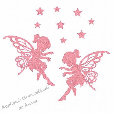 Appliqué thermocollant 2 fées et étoiles en flex pailleté