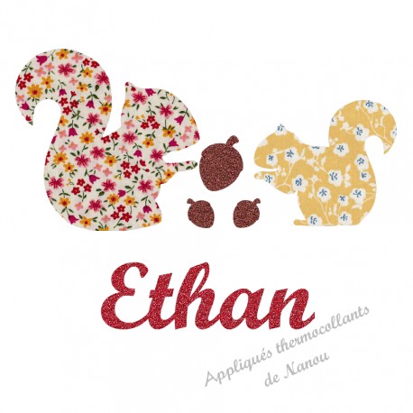 Appliqué thermocollant personnalisé écureuils liberty avec noisettes en flex pailleté