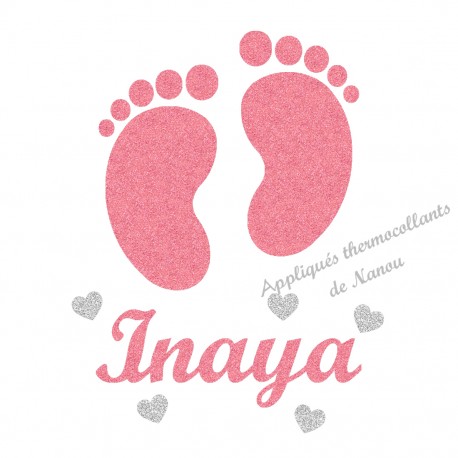 Appliqué thermocollant personnalisé petits pieds cœurs en flex pailleté