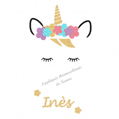 Appliqué thermocollant personnalisé licorne fleurie en flex pailleté