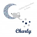 Appliqué thermocollant personnalisé éléphant sur lune en tissu liberty bleu et flex pailleté