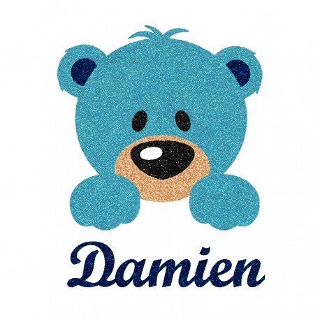 Appliqué thermocollant personnalisé ourson bleu en flex pailleté