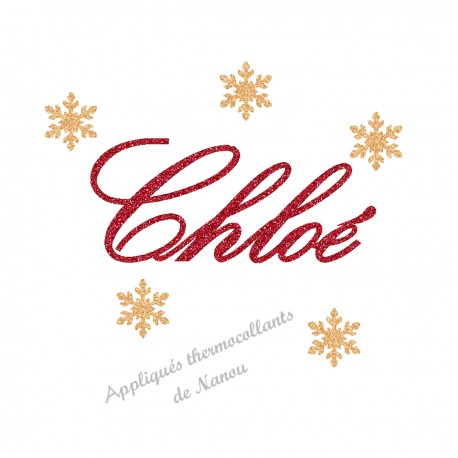 Appliqué thermocollant prénom noël flocon en flex pailleté doré et rouge