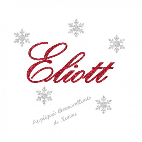 Appliqué thermocollant prénom noël flocon en flex pailleté argenté et rouge