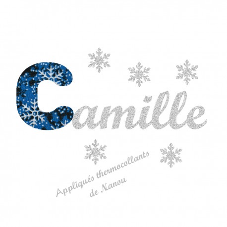 Appliqué thermocollant prénom écriture en liberty Noël bleu et flex pailleté argent