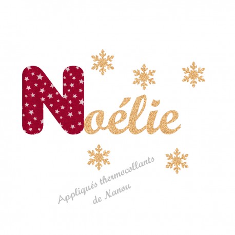 Appliqué thermocollant prénom écriture en liberty Noël rouge et flex pailleté doré