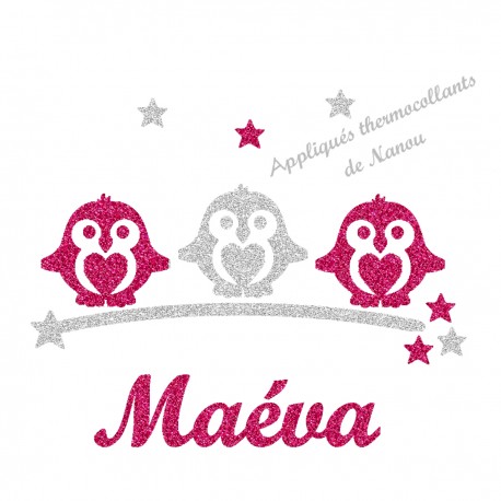 Appliqué thermocollant personnalisé petits pingouins en flex pailleté fuschia
