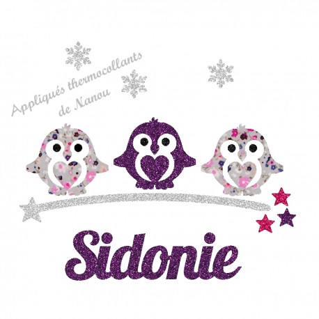Appliqué thermocollant personnalisé petits pingouins liberty mauve et flex pailleté