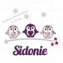 Appliqué thermocollant personnalisé petits pingouins liberty mauve et flex pailleté