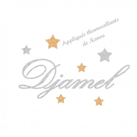 Appliqué thermocollant prénom argent belle écriture étoiles en flex pailleté