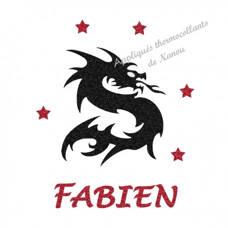 Appliqué thermocollant personnalisé dragon prénom rouge en flex pailleté
