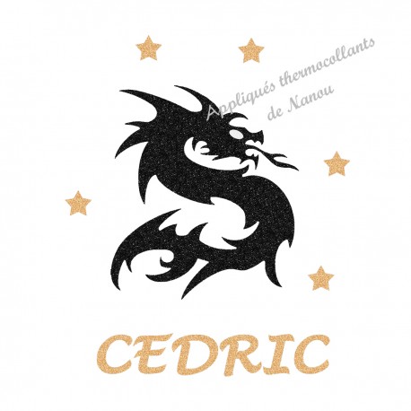 Appliqué thermocollant personnalisé dragon prénom doré en flex pailleté