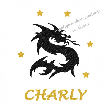 Appliqué thermocollant personnalisé dragon prénom jaune en flex pailleté