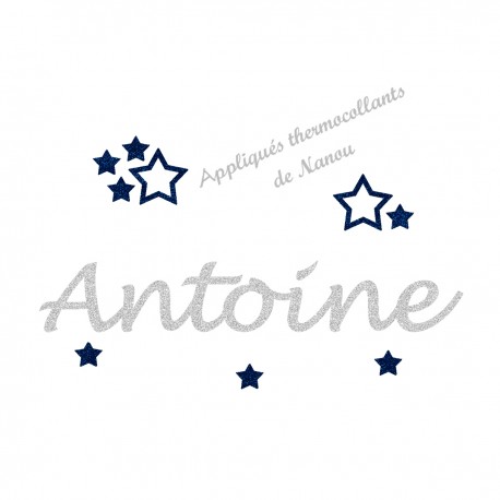 Appliqué thermocollant prénom écriture 5 étoiles marine en flex pailleté