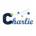 Appliqué thermocollant prénom écriture tissu marine étoile et flex pailleté bleu