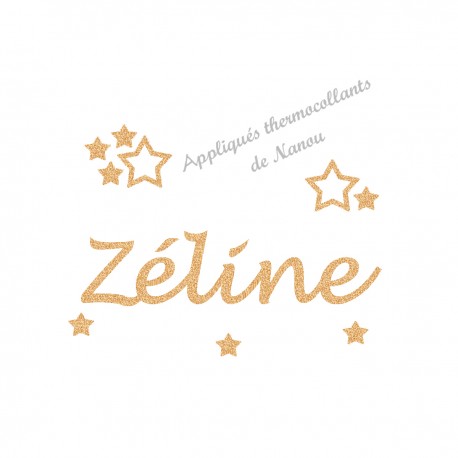 Appliqué thermocollant prénom fille écriture 5 étoiles doré en flex pailleté