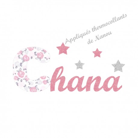 Appliqué thermocollant prénom écriture liberty pastel et flex pailleté rose